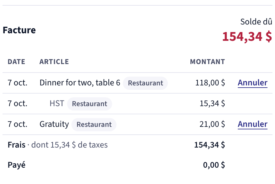 La facture d’un séjour en chambre 201, avec les lignes telles que le restaurant les a envoyées en anglais : « Dinner for two, table 6 », 118,00 $, sa taxe de 15,34 $ et « Gratuity », 21,00 $, chacune marquée Restaurant. Solde dû 154,34 $.